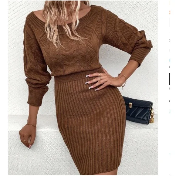 Brown High Waist Knit Sweater Dress - Picture 1 of 4